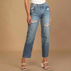 Boyish The Tommy Medium Wash Distressed High Rise Straight Leg Raw Hem Jean 26
